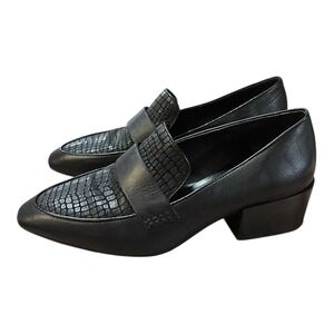 Vince Camuto Adealia Loafers 7.5M Black Leather Snakeskin Block Heel Pointed Toe
